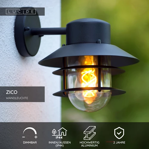Lucide ZICO - Wandleuchte Innen/Außen - 1xE27 - IP44 - Schwarz - USP